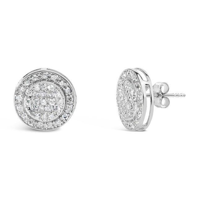 Contemporary .925 Sterling Silver 3/4 Cttw Diamond Composite and Halo Stud Earrings (H-I Color, SI1-SI2 Clarity) For Sale - Image 3 of 4