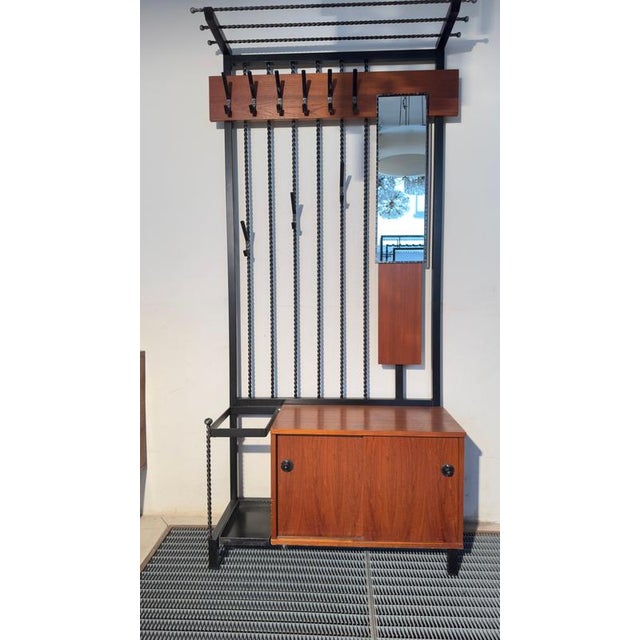 Gold Teak Hall Coat Rack with Storage and Mirror, Belgium, 1960s For Sale - Image 8 of 9