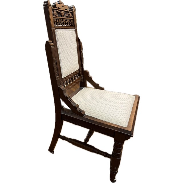 Fancy cream fabric chair - Antique Victorian Eastlake style parlor or side chair. Featuring lovely hand carved wood...