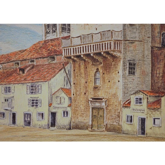 Portugal Riverfront Framed Color Pastel Drawing Rabelo Boat Signed Percy 1932 Vintage Portuguese Cityscape Art For Sale - Image 4 of 6