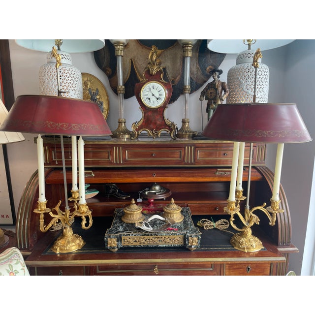 Pair Bouillotte Lamps, Red Tole Shades, French (1852-1870) For Sale - Image 14 of 18
