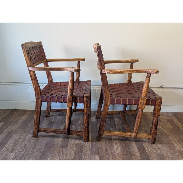 Set of Six (6) Attributed to A. Brandt Ranch Oak Leather Strap Dining Chairs For Sale - Image 13 of 13