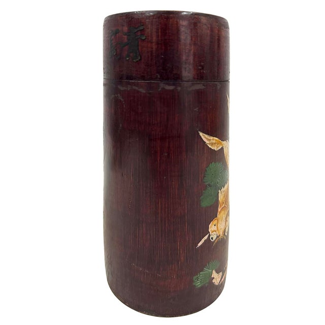 Chinese Mid-20th Century Antique Chinese Hand-Painted Cylindrical Bamboo Tea Caddy For Sale - Image 3 of 9