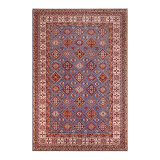 Shabby Chic Tribal Super Kazak Blue/Beige Wool Rug - 9'0'' X 12'1'' For Sale