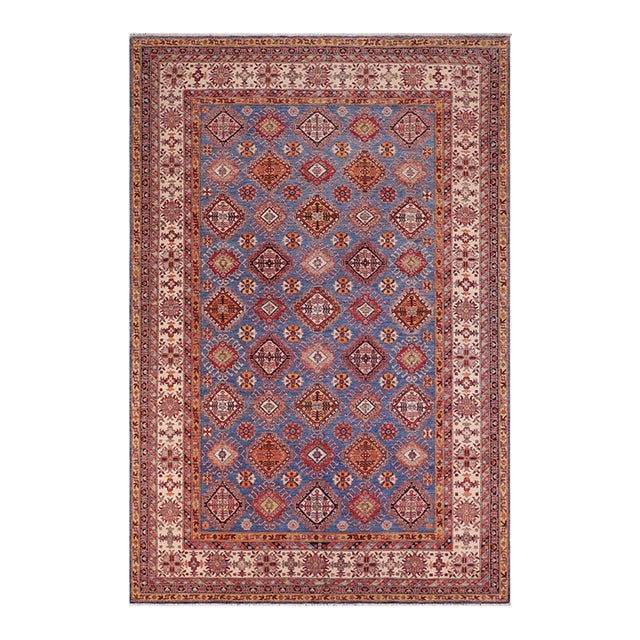 Shabby Chic Tribal Super Kazak Blue/Beige Wool Rug - 9'0'' X 12'1'' For Sale