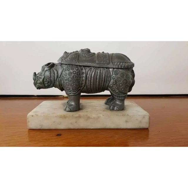 This is a Late 19th Century French Chinoiserie Style Rhinoceros Spelter Double Inkwell on Marble Base. It measures 4 1/2"...