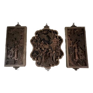Hand Carved Wood Chinese Wall Plaque Set - 3pc Vintage Chinoiserie Garden Panels For Sale
