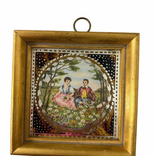 These vintage, small framed art pieces feature embroidered depictions of romantic couples in gold wood frames. Style:...