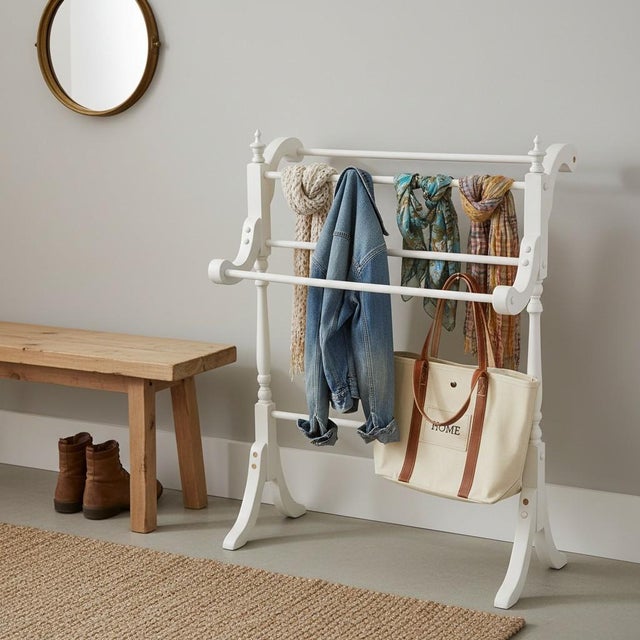 Vintage White Wood Quilt Rack Stand-Farmhouse-Towel-Blanket Holder-Linen-Throw For Sale - Image 11 of 11
