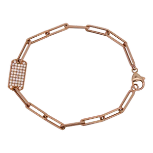 14k Rose Gold Id Tag Round Diamond Pave Cable Link Chain Bracelet