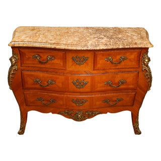 Louis XV Style Bombé Commode in Marquetry with Marble Top, 1890s For Sale