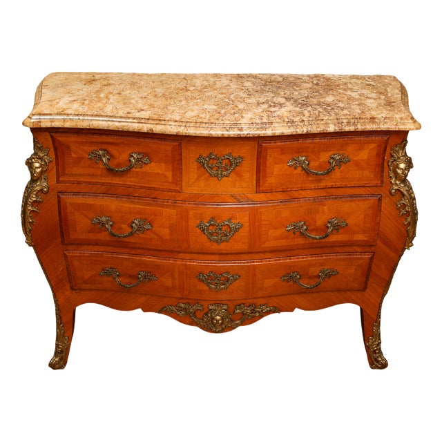Louis XV Style Bombé Commode in Marquetry with Marble Top, 1890s For Sale