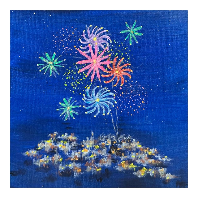 Celebration 8" X 8" Unframed Acrylic Painting Wall Art Original Fireworks Scene For Sale