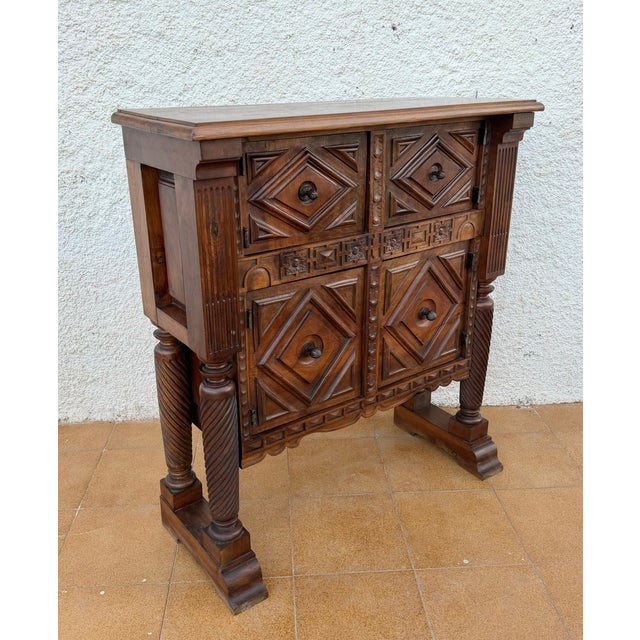 Traditional Early 20th Century Rare Spanish Carved Walnut Sideboard With Geometric Panels and Spiral Columns For Sale - Image 3 of 15