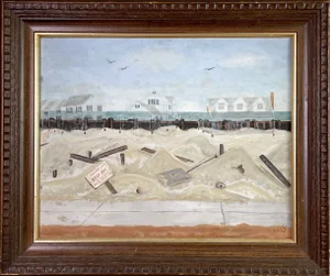 1960s "Coastal Landscape Ghost Town" Oil Painting by Edith Meyer Evans, Framed