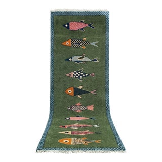 Koi Fish Olive Green Hand Knotted Runner Rug 2.6x8Ft. For Sale