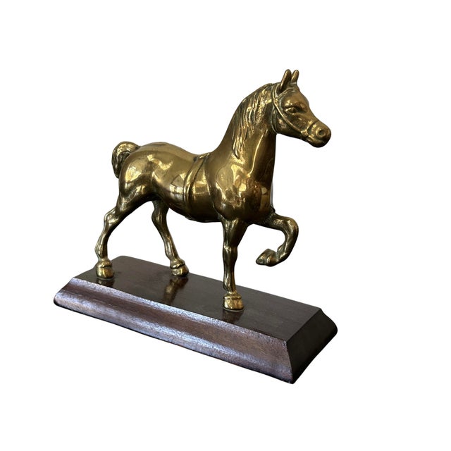 Vintage Solid Brass Prancing Horse Sculpture on Wood Pedestal Base – Mid-Century Modern Equestrian Decor, Hollywood...