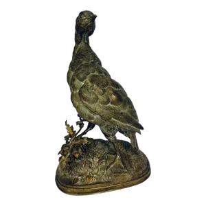 19th Century French Verdigris Gilded Bronze Grouse Bird 13" Sculpture by Ferdinand Pautrot