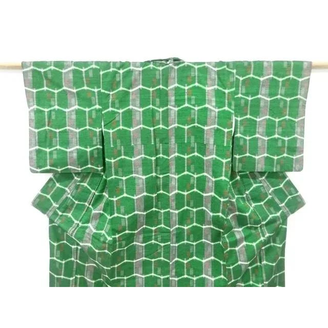 Green Mid Century Japanese Kimono Silk Green Antique Vintage Fabric Display Hanger For Sale - Image 8 of 13