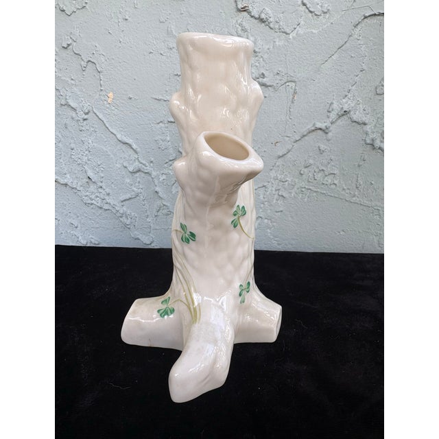 Traditional Vintage Belleek Ireland Shamrock Tree Trunk Bud Vase, Triple Opening Spill Vase For Sale - Image 3 of 8