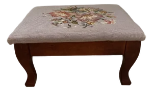 Vintage 1940s Ralph Lauren Style Floral Needlepoint Footstool Ottoman With Cabriole Legs