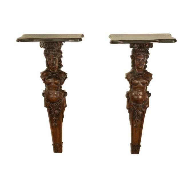 Antique 19thC Italian Carved Walnut Renaissance Revival Pair Caryatid Brackets, Circa 1850 For Sale In Portland, OR - Image 6 of 15