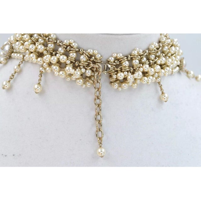 White 2016 Chanel Necklace CC Double C Logo Bib Statement Paris À Rome Runway Faux Pearl Crystal For Sale - Image 8 of 11