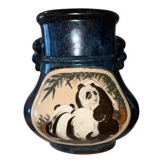 Pair Chinoiserie Blue Black Glazed Vases Sculptural Decor For Sale
