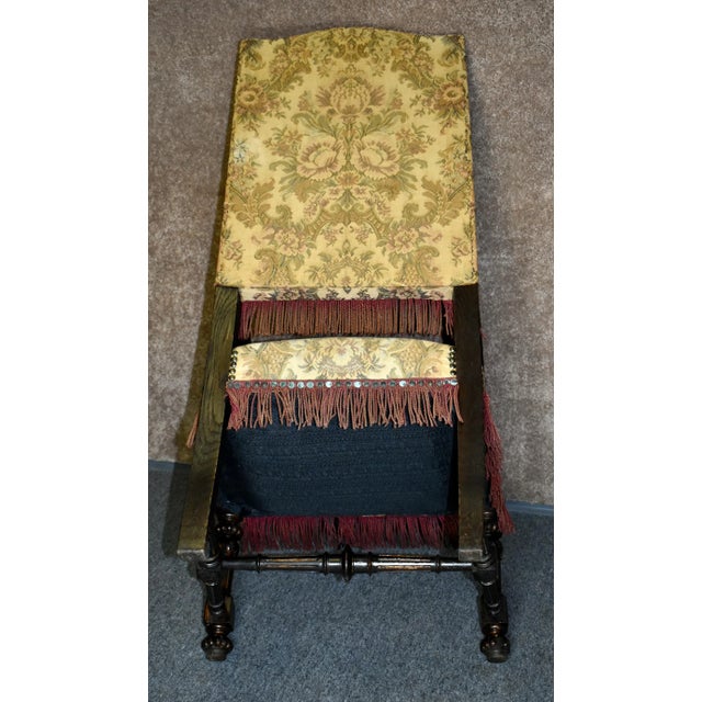 Antique Carved Oak Armchair 1920s Tudor Style High Back Fringe Stretcher Base For Sale - Image 11 of 13