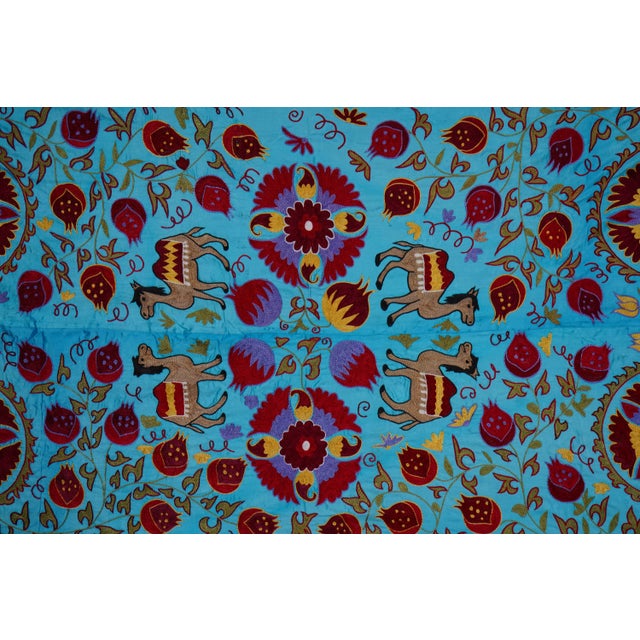 Blue Uzbek Suzani Wall Art – Camel & Floral Motif Embroidery 3'4'' X 6'2'' For Sale In New York - Image 6 of 13