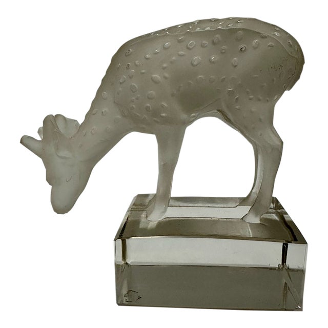 Late 20th Century Lalique France Grazing Deer Fawn Frosted Crystal Figurine Paperweight For Sale