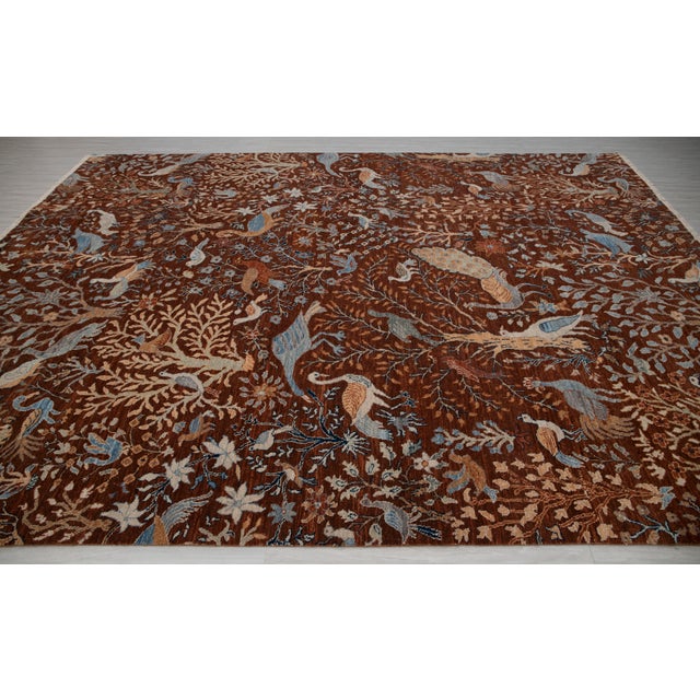 Burnt Umber 9x12 Ft. Red Peacock Garden Bird Design Handnotted Oushak Wool Rug For Sale - Image 8 of 18