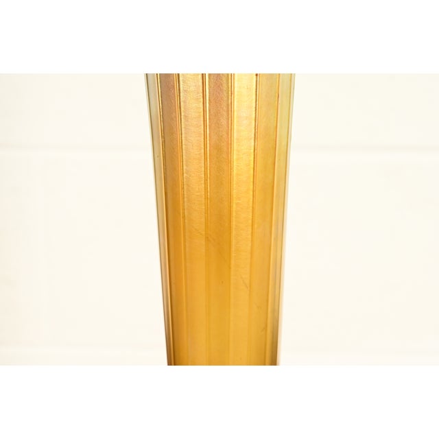 Louis Comfort Tiffany Furnaces Favrile Iridescent Art Glass Trumpet Vase on Bronze Doré Enameled Stand, 1920s For Sale In South Bend - Image 6 of 11