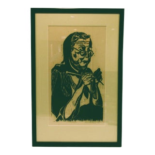 Signed and Framed Karen McCann 1963 Woodcut Print of Woman Knitting For Sale