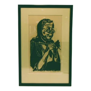 Signed and Framed Karen McCann 1963 Woodcut Print of Woman Knitting