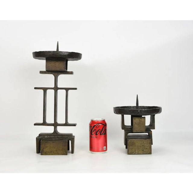 Signed Late 20th Century Heavy Iron Modernist Blacksmith Signed Pricket Candlesticks- Set of 2 For Sale - Image 9 of 9