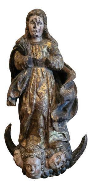 Antique Carved Wood Polychrome Religious Figure, 1700
