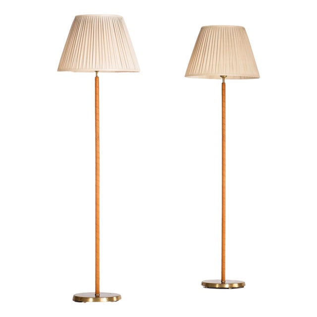Brass & Leather Floor Lamps, Sweden, 1950s, Set of 2 For Sale