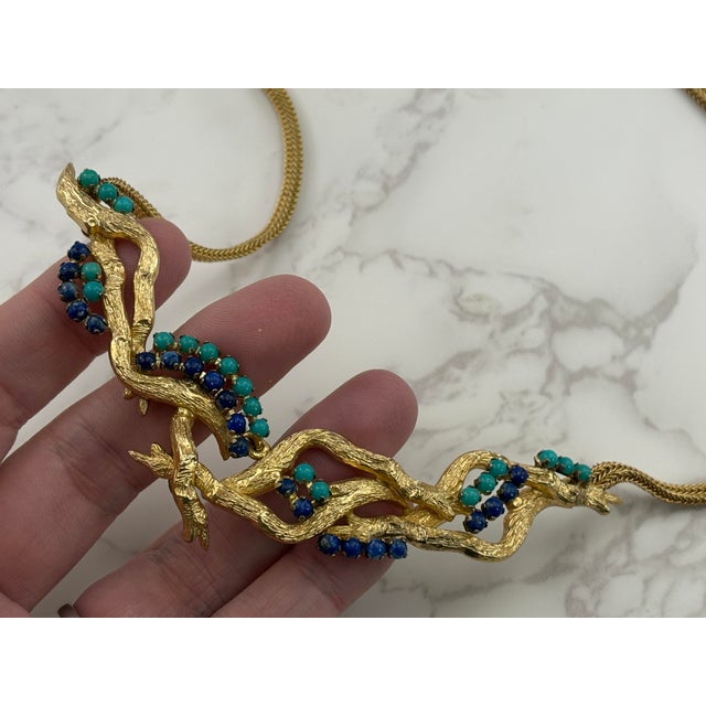 Vintage Christian Dior Necklace - 1962 Gold Tone Branches With Lapis & Turquoise Stones For Sale - Image 10 of 11