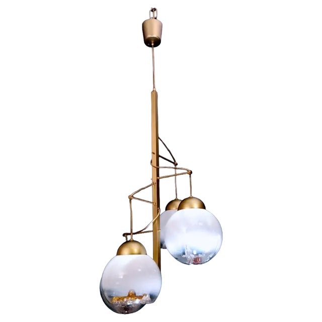 Satin-Finished Brass and Murano Glass Chandelier attributed to Mazzega, 1965 For Sale