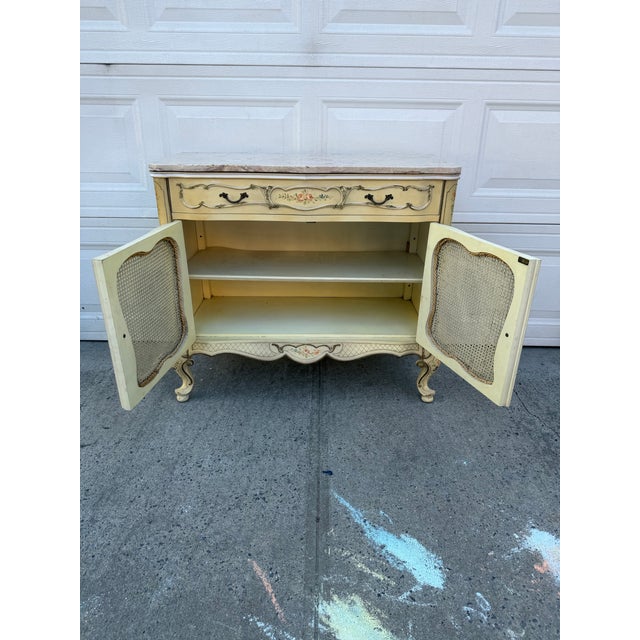 Vintage French Provincial Hand Painted Cane Door Cabinet With Marble Top For Sale - Image 10 of 11
