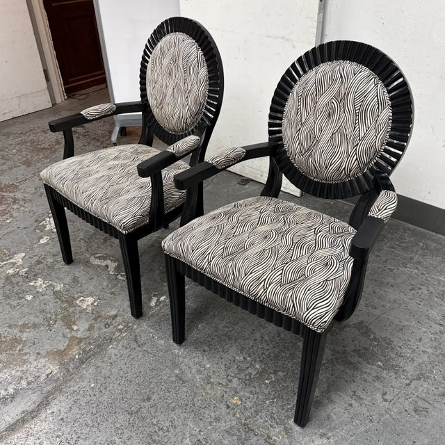 French Louis XVI Style Black & White Armchairs, Pair For Sale - Image 3 of 12