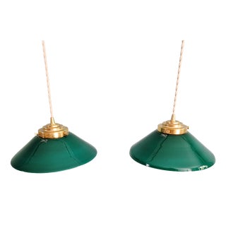 Art Deco Conical Green Opaline Pendant Lights, Set of 2 For Sale