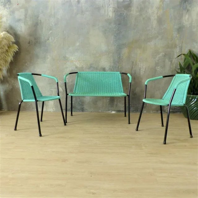 Vintage Green Bench & Chairs, 1960s, Set of 3, in Very Good conditions. Designed 1960 to 1969