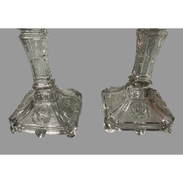Pair of Vintage Pressed Glass Floral & Lion Decorated Glass Candlesticks For Sale - Image 6 of 8