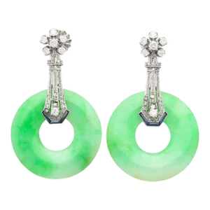 Vintage Art Deco Jadeite Jade, Diamond & Sapphire Drop Earrings in 14k - 2 Pieces