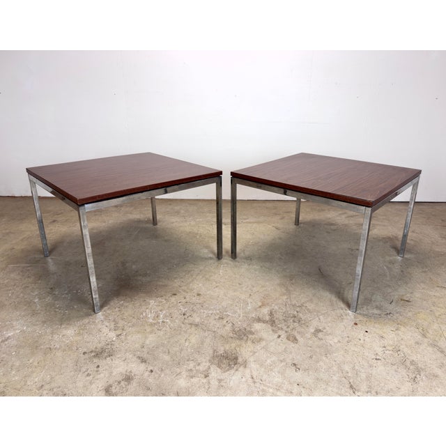 1970’s Florence Knoll “T Angle” Chrome & Walnut Laminate Side Tables Matching Pair For Sale - Image 12 of 12