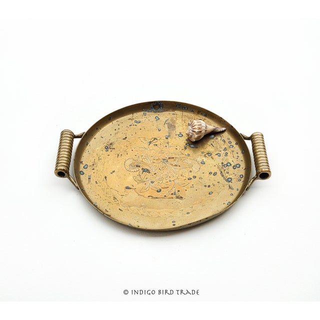 Antique Solid Brass Chinese Tray with Floral Etching and Handles This beautiful tray is made from solid brass and features...