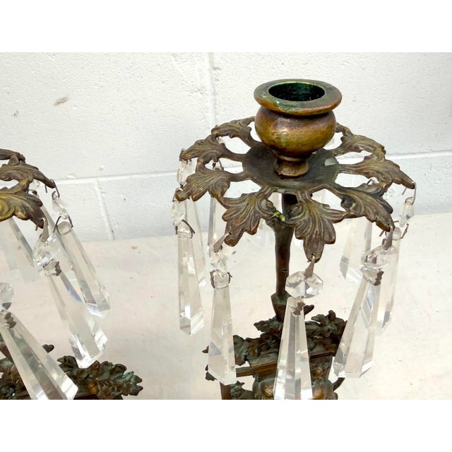 Metal Pair of Antique Ornate Figural Brass Marble Crystal Girandole Candle Holders For Sale - Image 7 of 13
