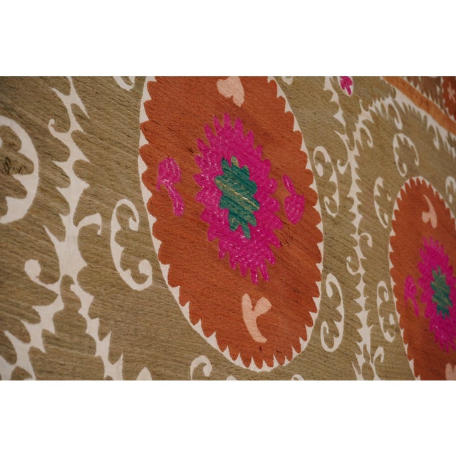 Decorative Suzani Embroidery | Olive Green Living Room Wall Hanging 6'11'' X 10'3'' For Sale In New York - Image 6 of 15